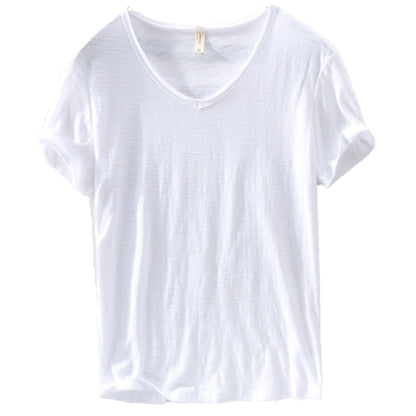 Men's V-Neck Linen Cotton Shirt, Lightweight Short Sleeve Slim-Fit Casual Top for Summer-1