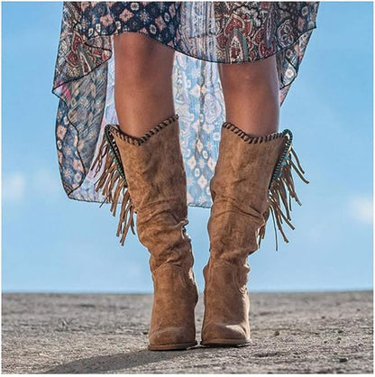 Supportive Women's Knee-High Boots - Western Fringe, Suede
