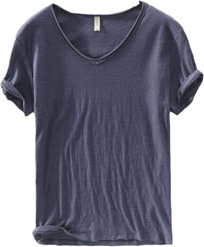 Variant image for Men's V-Neck Linen Cotton Shirt, Lightweight Short Sleeve Slim-Fit Casual Top for Summer-11