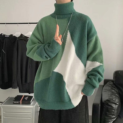 Warm Men Turtleneck Sweater - Oversized Polyester Knit