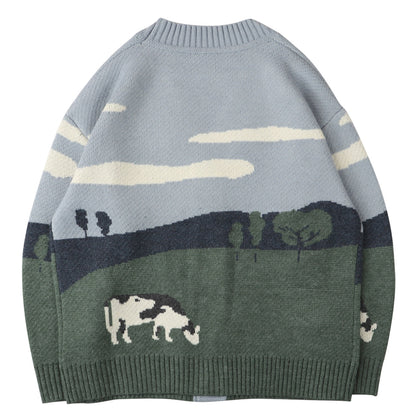 Oversized Relaxed Unisex Cardigan - V Neck Knit Jacquard