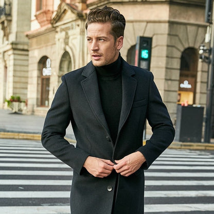 Warm Men's Wool Coat - Single Breasted, Polyester, City