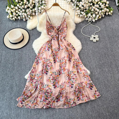 Leichtes Damenkleid – V-Ausschnitt mit Trägern, verstellbare Taille, Blumenmuster, für den Sommer