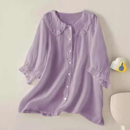 Soft women's shirt - Claudine collar, half-sleeve, relaxed fit, casual everyday wear with denim