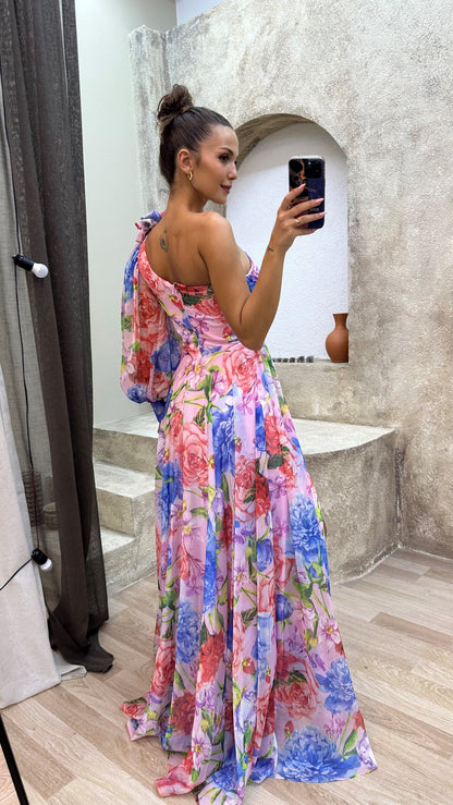 One-Shoulder Floral Women's Dress, Elegant Asymmetrical Summer Dress, Perfect for Wedding Guest and Formal Occasions-2