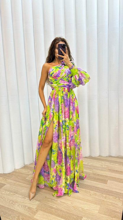 One-Shoulder Floral Women's Dress, Elegant Asymmetrical Summer Dress, Perfect for Wedding Guest and Formal Occasions-4