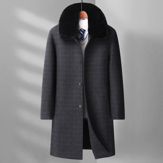 Warm Men's Wool Overcoat - Knee Length Plaid, Faux Fur