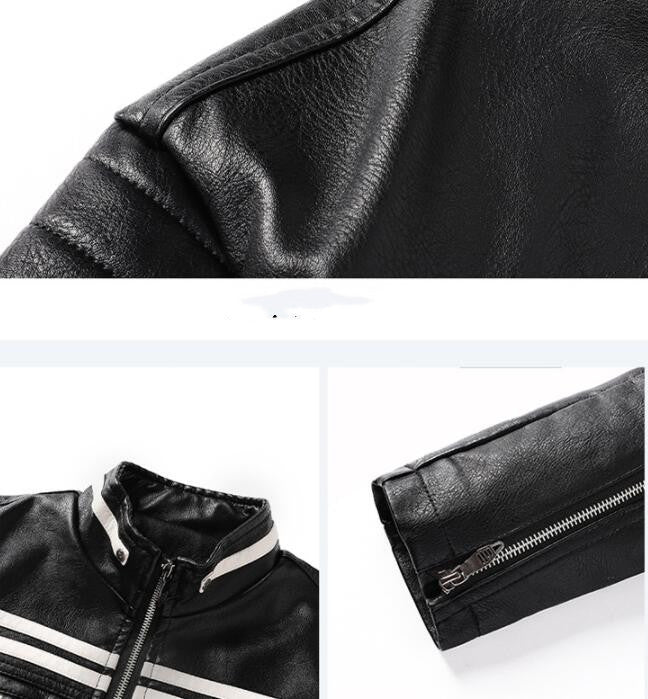 Cazadora de cuero para hombre cálida para motocicleta - corte biker con hombros acolchados y rayas de carreras, cuero PU, para paseos de otoño