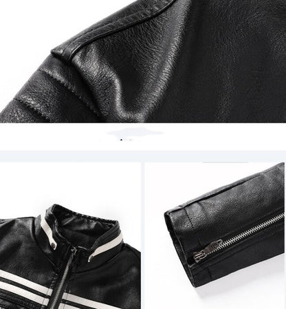 Cazadora de cuero para hombre cálida para motocicleta - corte biker con hombros acolchados y rayas de carreras, cuero PU, para paseos de otoño