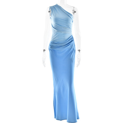 Fitted women's dress - asymmetric one-shoulder sheath, satin, for formal evening events and special occasions