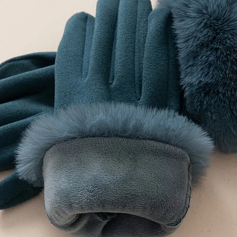 Insulating Women's Gloves - Fur Cuff, Suede, For Commuting