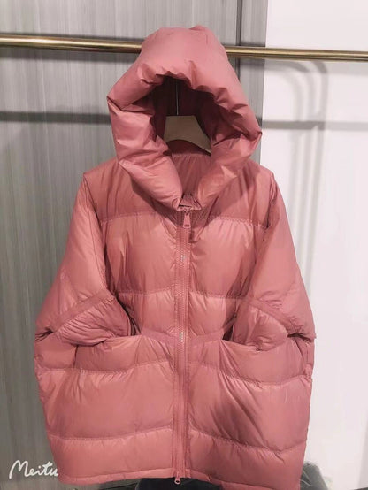 Warm Women's Mid-Length Down Coat - Hooded, Velvet, Cozy