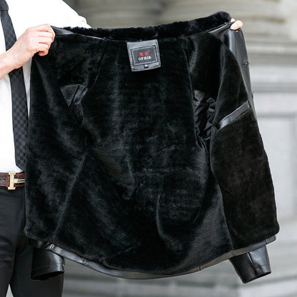 Chaqueta de cuero cálida para hombre - solapa estructurada forrada de piel, cuero, ropa casual de invierno