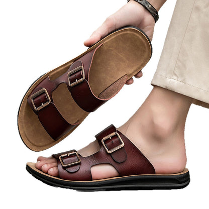 Non-slip men's sandals - double-buckle, PU leather, beach-ready footwear for everyday wear