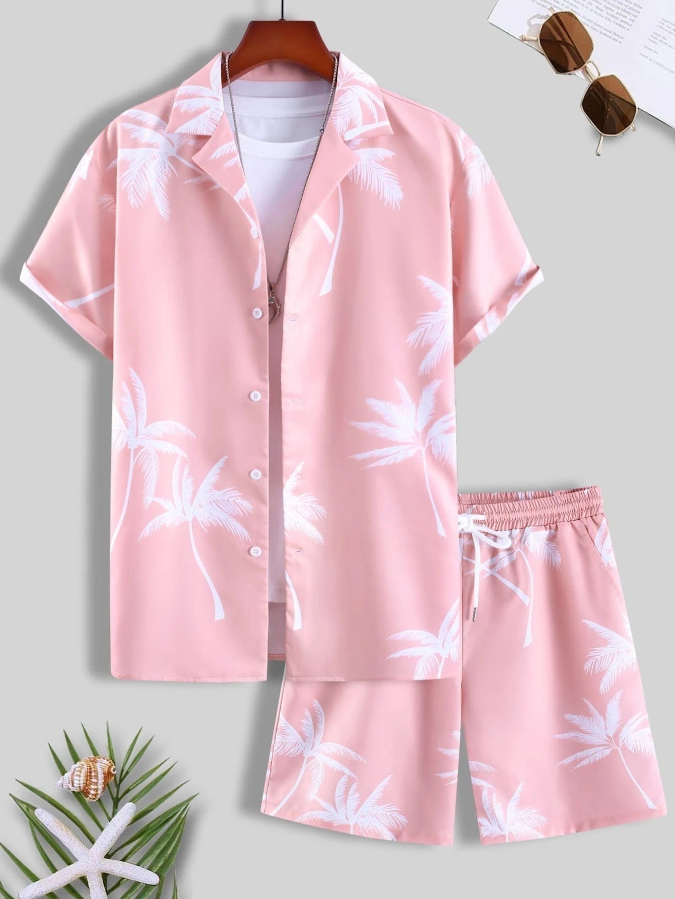 Variant image for Men's Summer Set with Tropical Print, Lightweight Shirt and Shorts, Relaxed Fit for Warm Weather Casual Outings-25