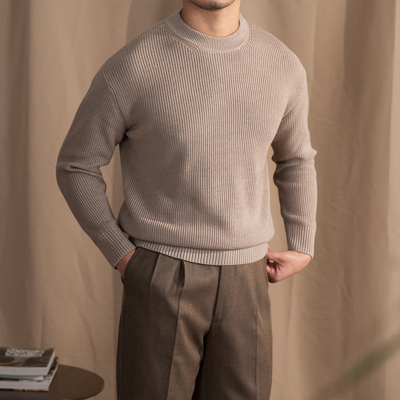 Varm Klassisk Herre Crewneck Trøje - Bred Rib Uldblanding