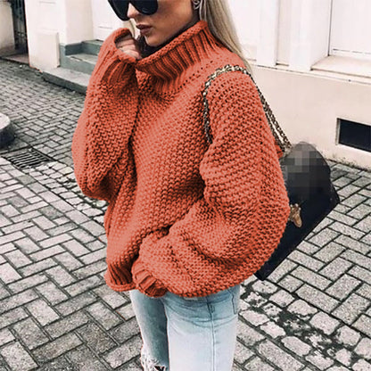 Oversized Women Turtleneck Sweater - Chunky Knit, Winter