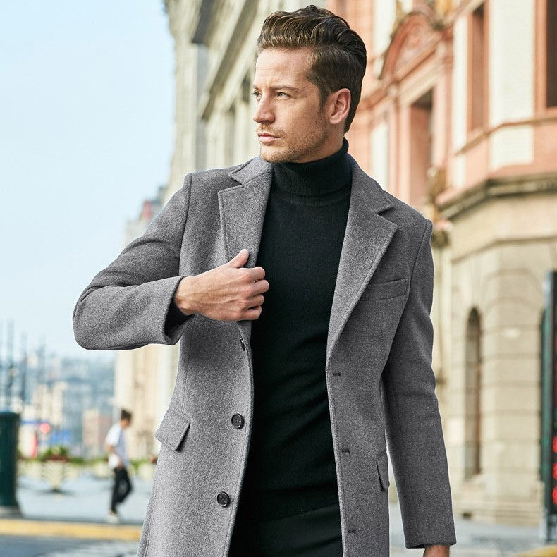 Warm Men's Wool Coat - Single Breasted, Polyester, City