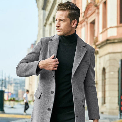 Warm Men's Wool Coat - Single Breasted, Polyester, City