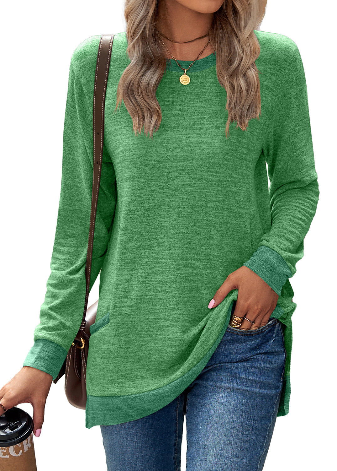 Soft Relaxed Women’s Long Sleeve Pullover - Round Neck Tunic, Cotton Cashmere Knit, Pocketed Mid Length Top For Casual Wear