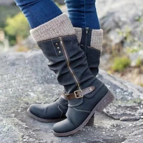 Warm Cozy Women Knee-High Boots - Buckle Knit Cuff, Suede
