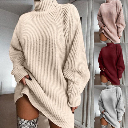 Oversized Women's Sweater Dress - Turtleneck Ribbed Winter