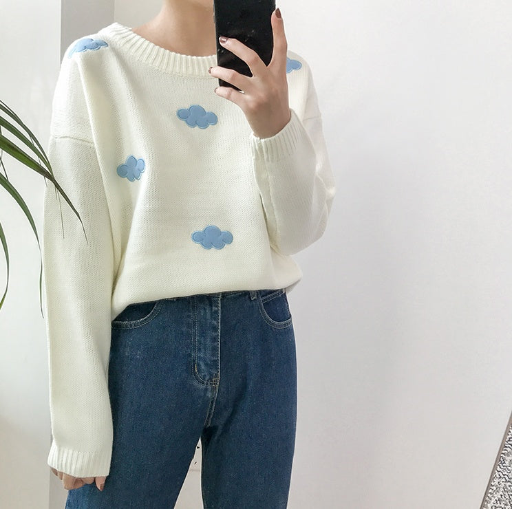 Oversized Cozy Women’s Sweater - Cloud Applique Knit Casual