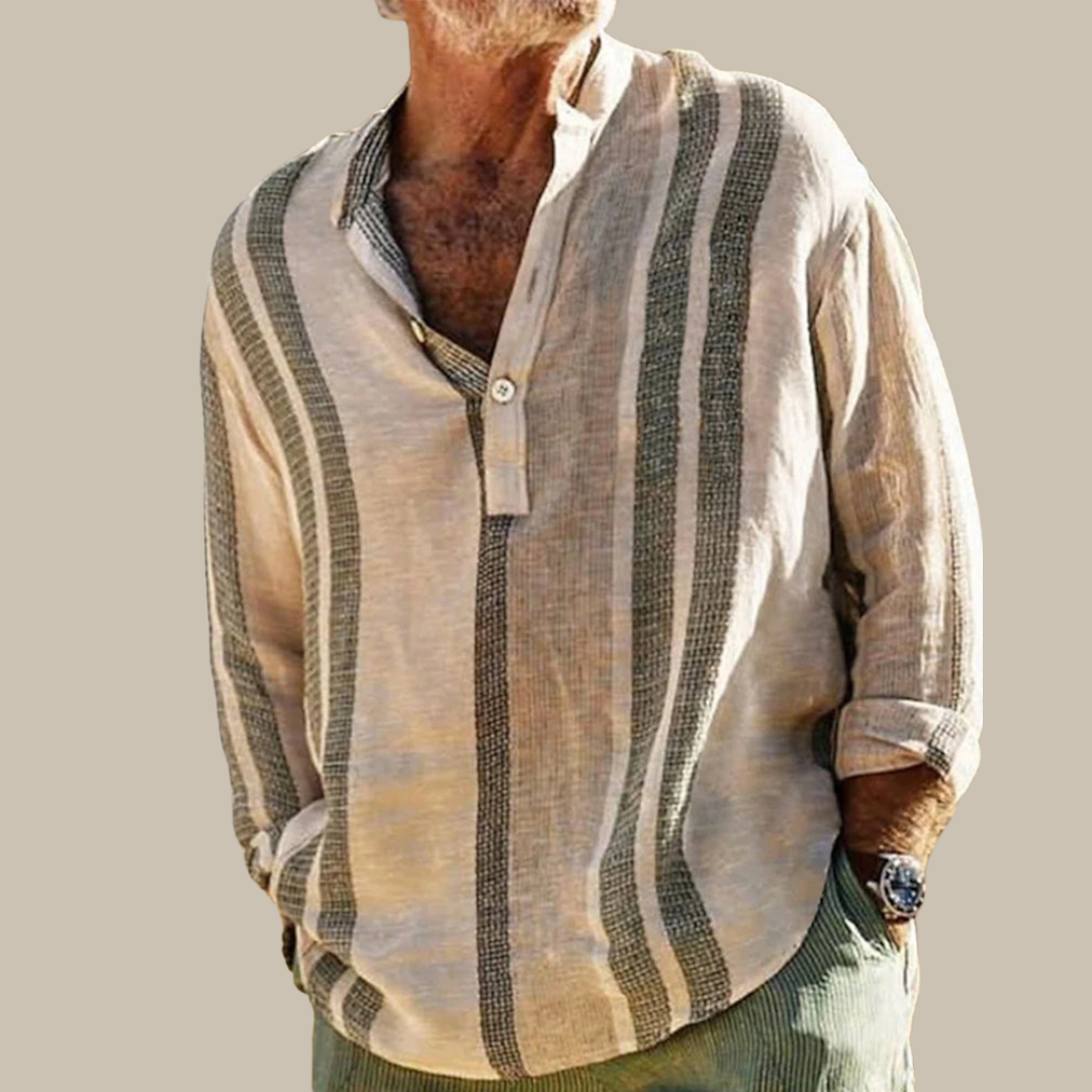 Variant image for Elegant Men's Linen Shirt with Mao Collar and Subtle Stripes, Available in Sizes S to XL-1