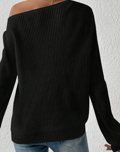 Blød damebluse - asymmetrisk skulder, ribstrikket