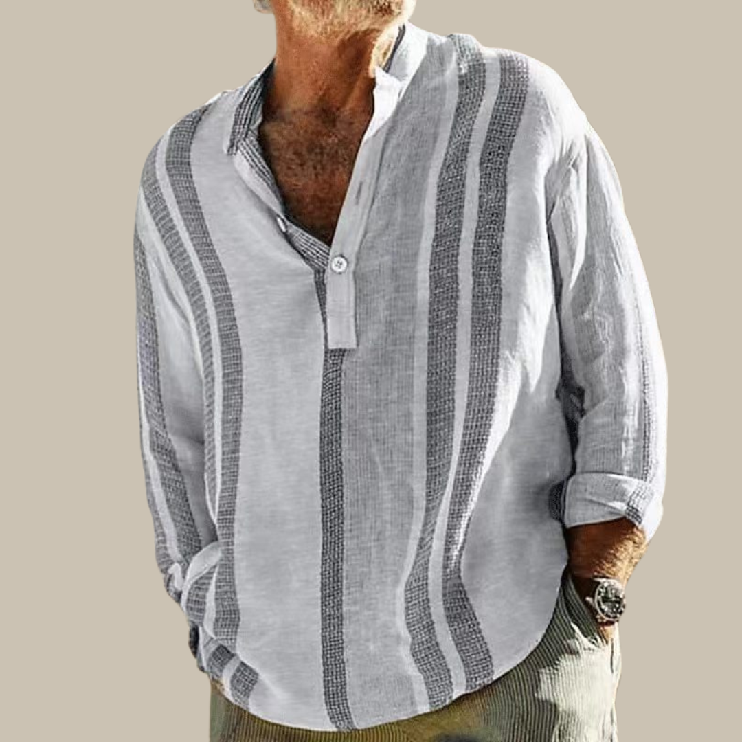 Elegant Men's Linen Shirt with Mao Collar and Subtle Stripes, Available in Sizes S to XL-3