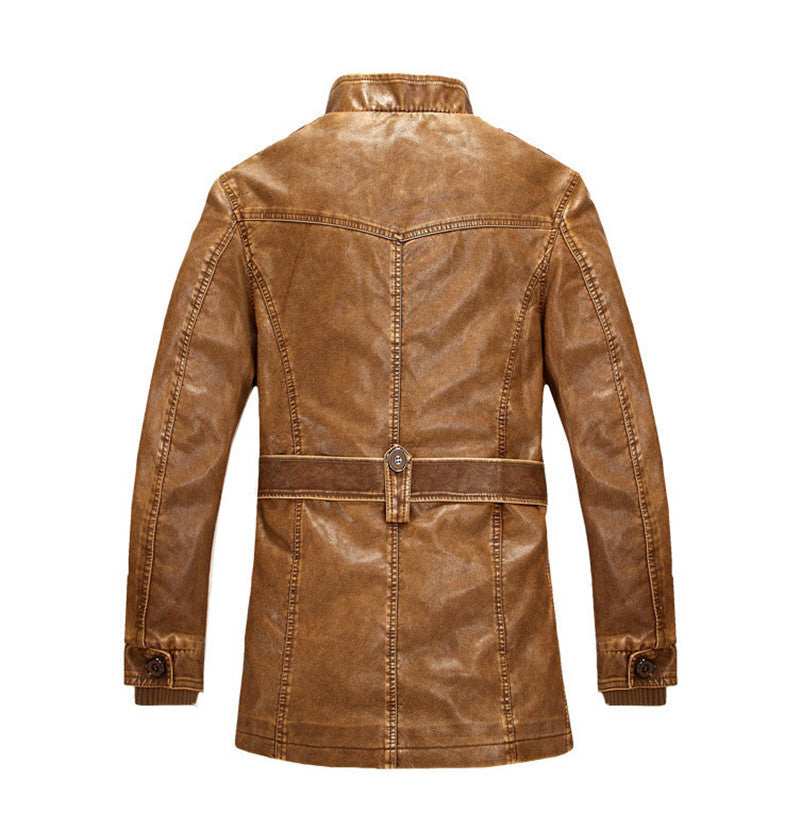 Durable Men's Leather Jacket - Classic Stand-Up Collar, Zip-Front, Belted Waist, PU Leather, Casual Fall and Winter