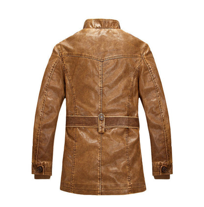 Durable Men's Leather Jacket - Classic Stand-Up Collar, Zip-Front, Belted Waist, PU Leather, Casual Fall and Winter