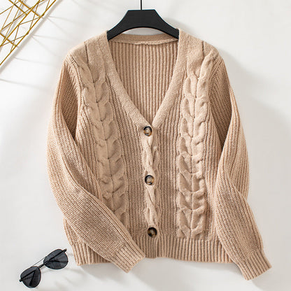Oversized Women’s Cardigan - Twist Cable Knit V Neck Fall