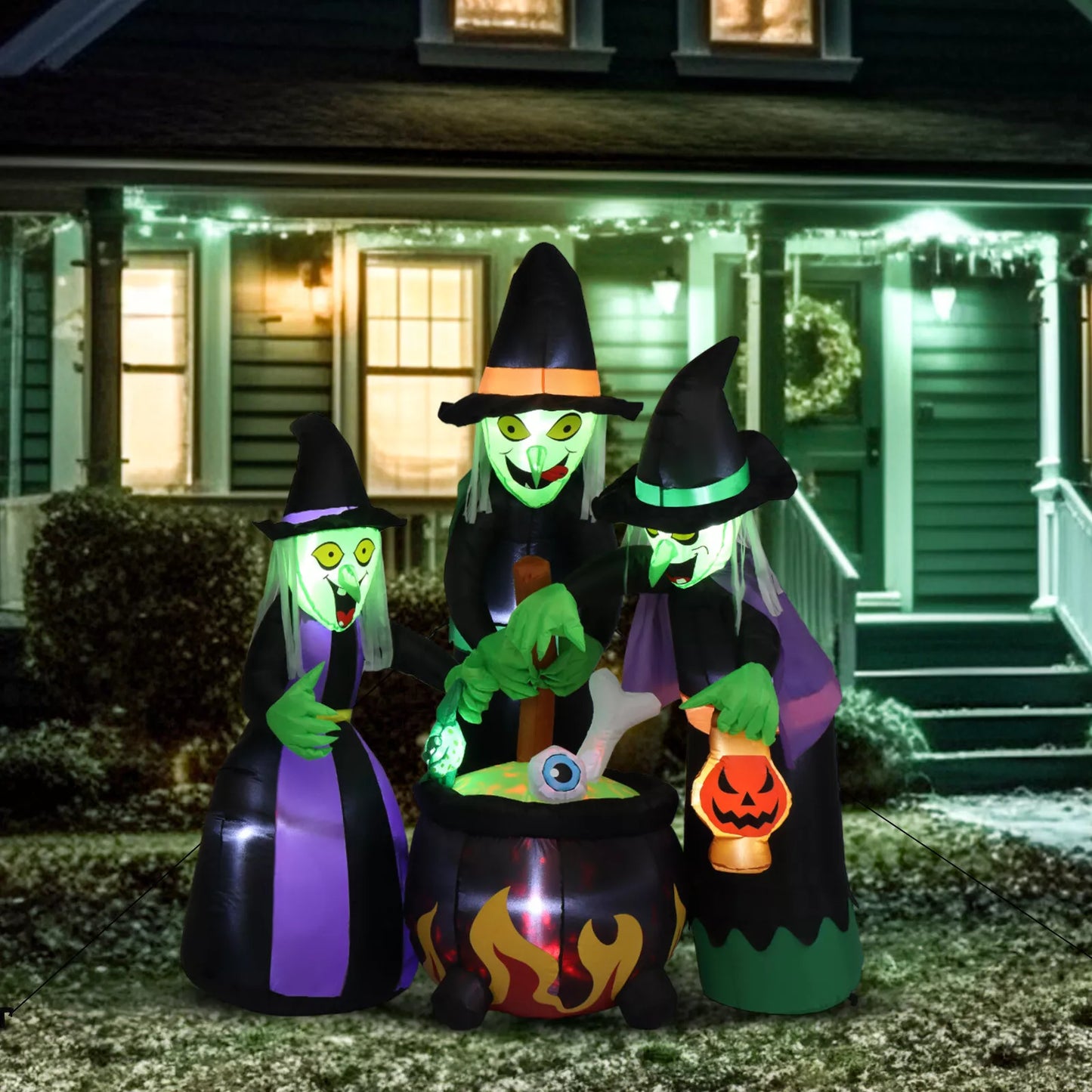 6ft Halloween Inflatable Witches Around Cauldron with LED Lights – Spooky Outdoor Yard Decoration