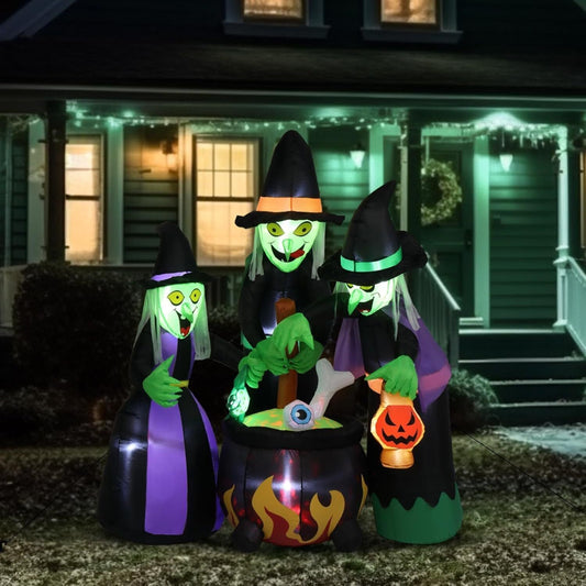 6ft Halloween Inflatable Witches Around Cauldron with LED Lights – Spooky Outdoor Yard Decoration