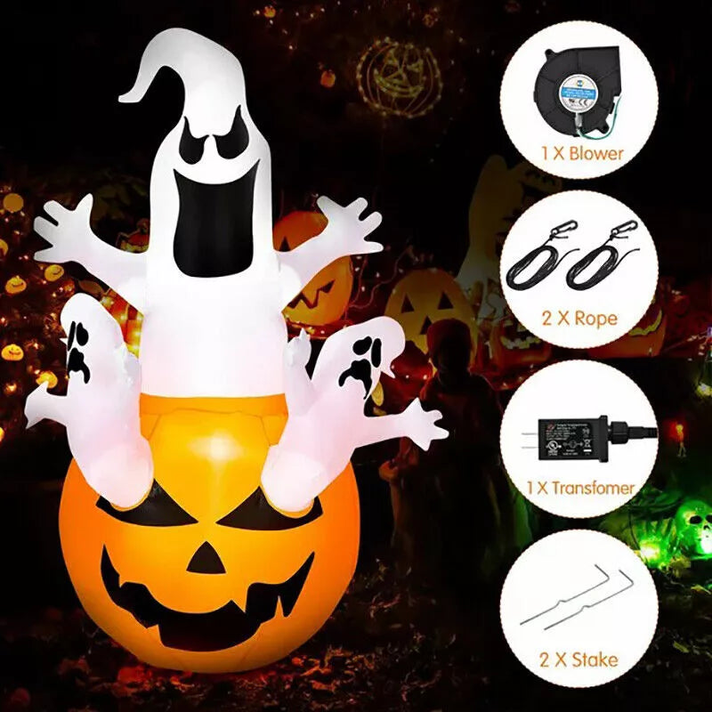 6ft Halloween Inflatable Ghost Popping Out of Pumpkin with LED Lights – Outdoor Yard Decoration for Spooky Displays