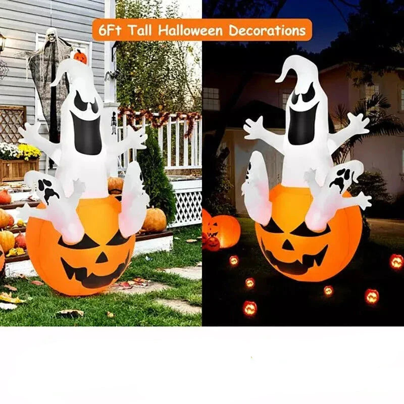 6ft Halloween Inflatable Ghost Popping Out of Pumpkin with LED Lights – Outdoor Yard Decoration for Spooky Displays