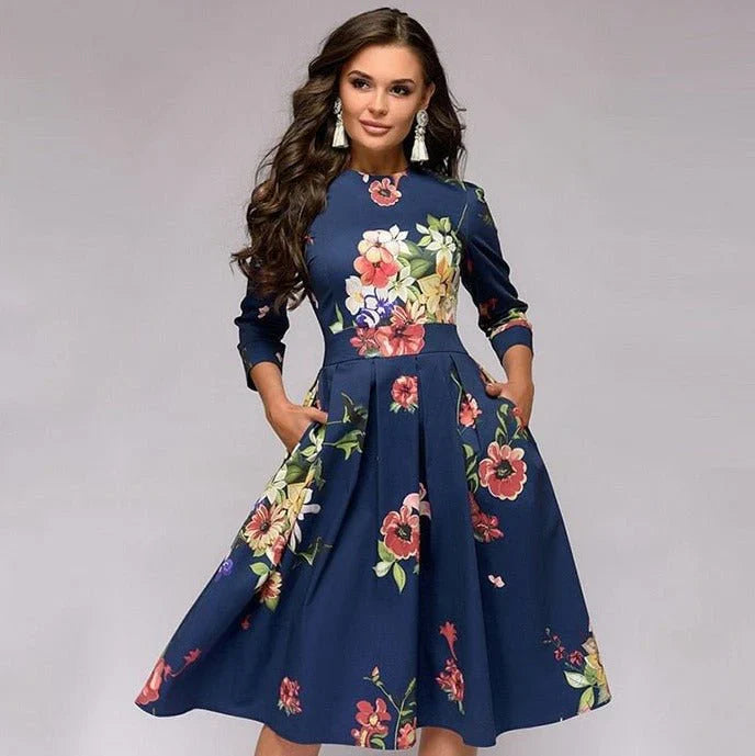Floral Print Midi Dress with Wide Skirt for Women's Summer and Formal Fashion-5