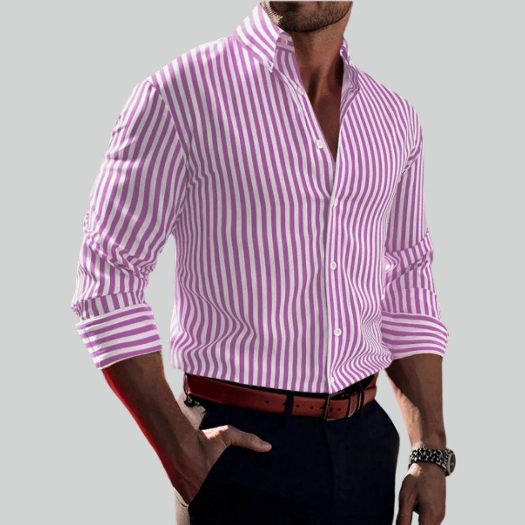 Men's Solid Color Striped Long Sleeve 3D Printed Casual Shirt - Comfortable Fashion Top