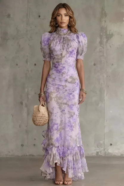 Fitted women's puff-sleeve dress - slim-fit, long-pleated, floral print, for special occasions