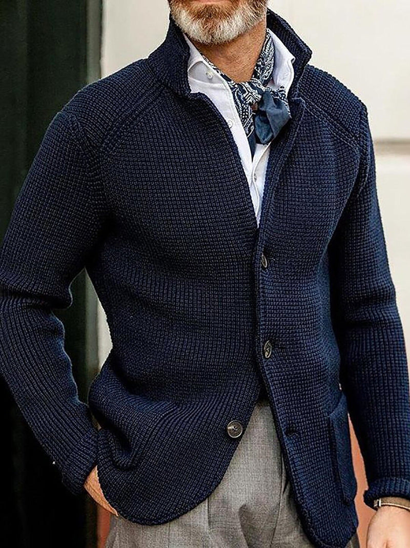 Warm Men's Cardigan - Stand Up Collar, Knitted, Commute