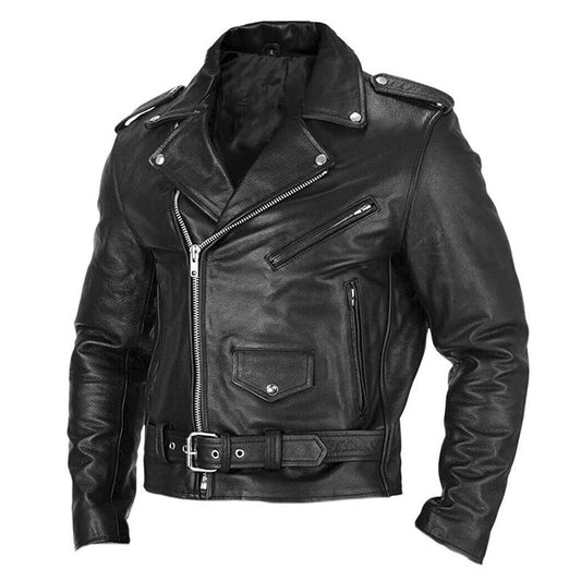 Windproof durable men's motorcycle jacket - asymmetric front zipper, PU leather, for spring and autumn