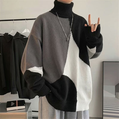 Warm Men Turtleneck Sweater - Oversized Polyester Knit