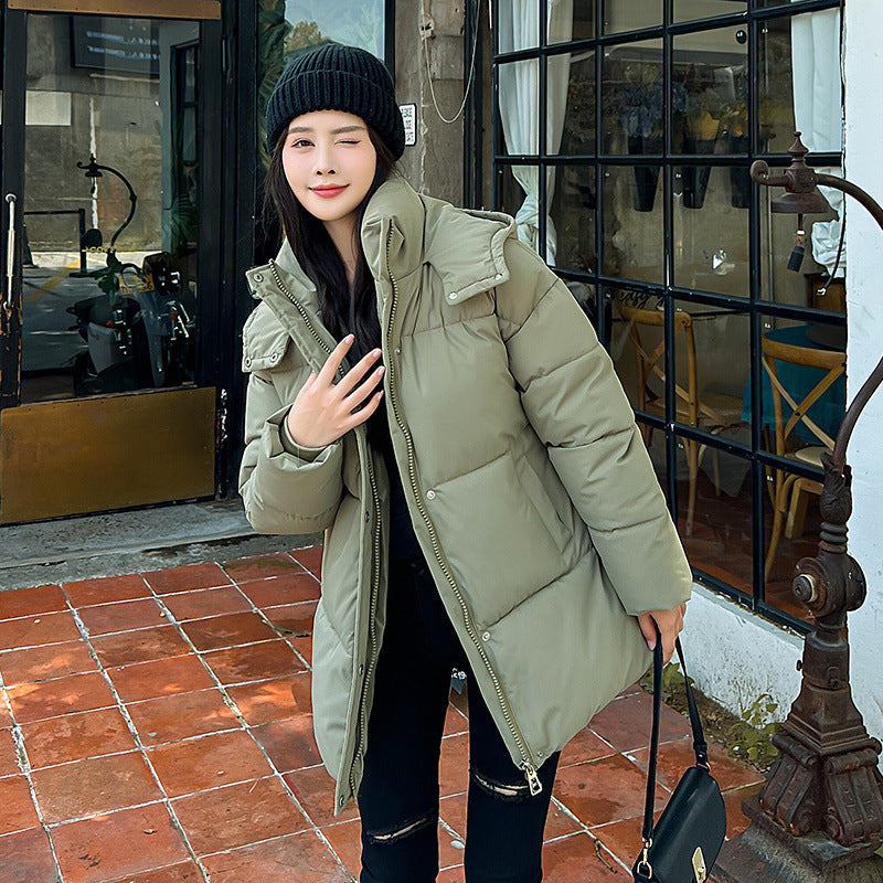 Warm Women's Puffer Coat - Mid Hooded, Polyester, Winter