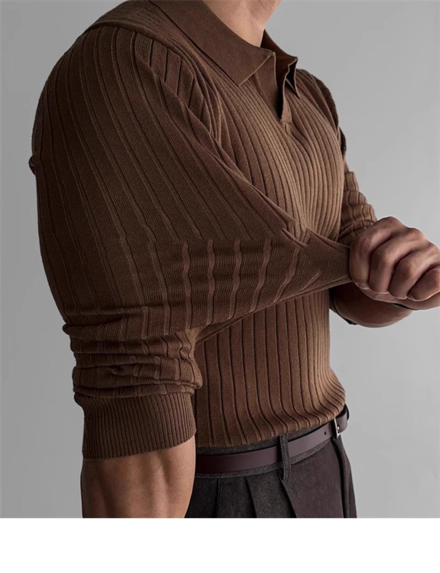 Fitted Men's Long Sleeve Polo Shirt - Ribbed Knit, Casual