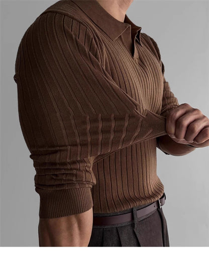 Fitted Men's Long Sleeve Polo Shirt - Ribbed Knit, Casual