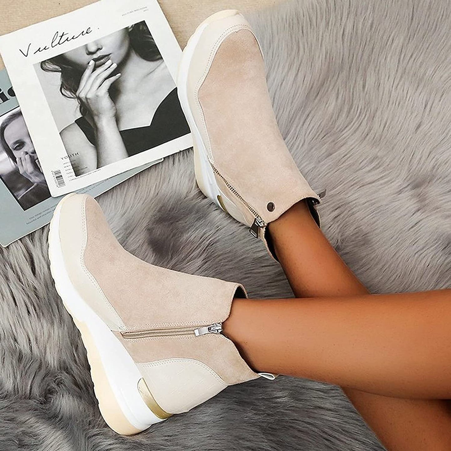 Waterproof Cozy Women’s Ankle Boots - Wedge Suede Heel