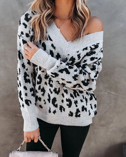 Oversized Cozy Women V Neck Sweater - Leopard Knit, Casual
