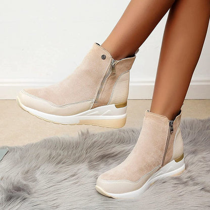 Waterproof Cozy Women’s Ankle Boots - Wedge Suede Heel