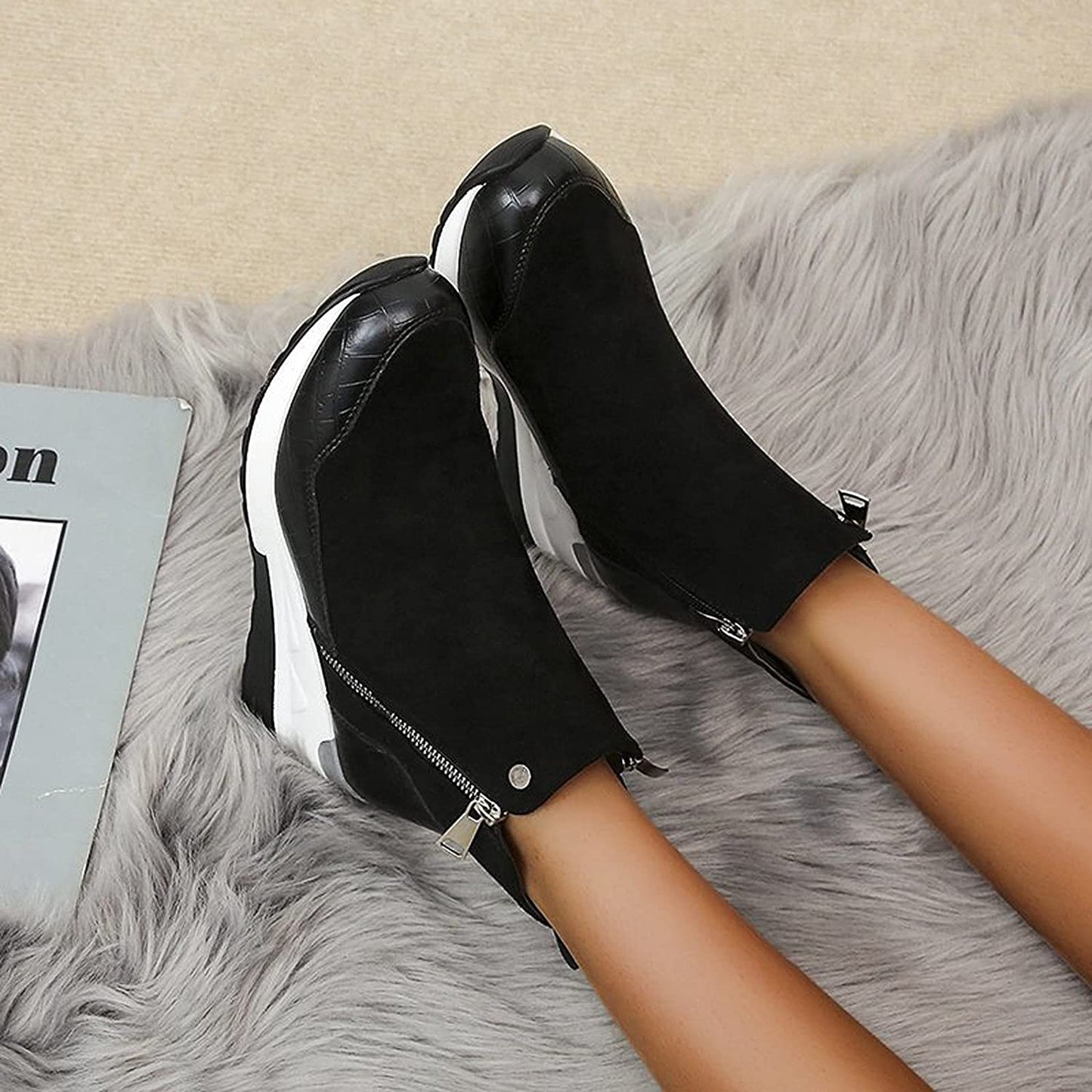 Waterproof Cozy Women’s Ankle Boots - Wedge Suede Heel